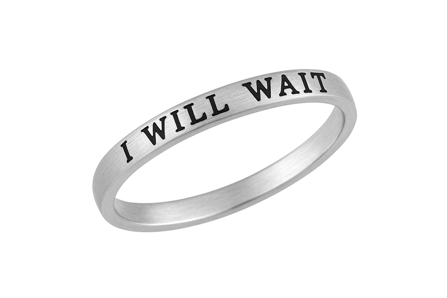Silver ring with 'I WILL WAIT' engraving on a white background