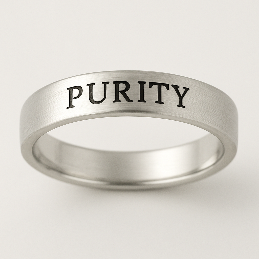 Silver ring with 'PURITY' engraved on a white background