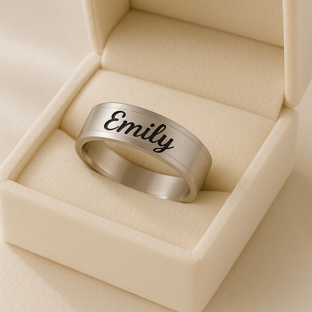Simple Engraved Promise Ring for Couples with Names in velvet box