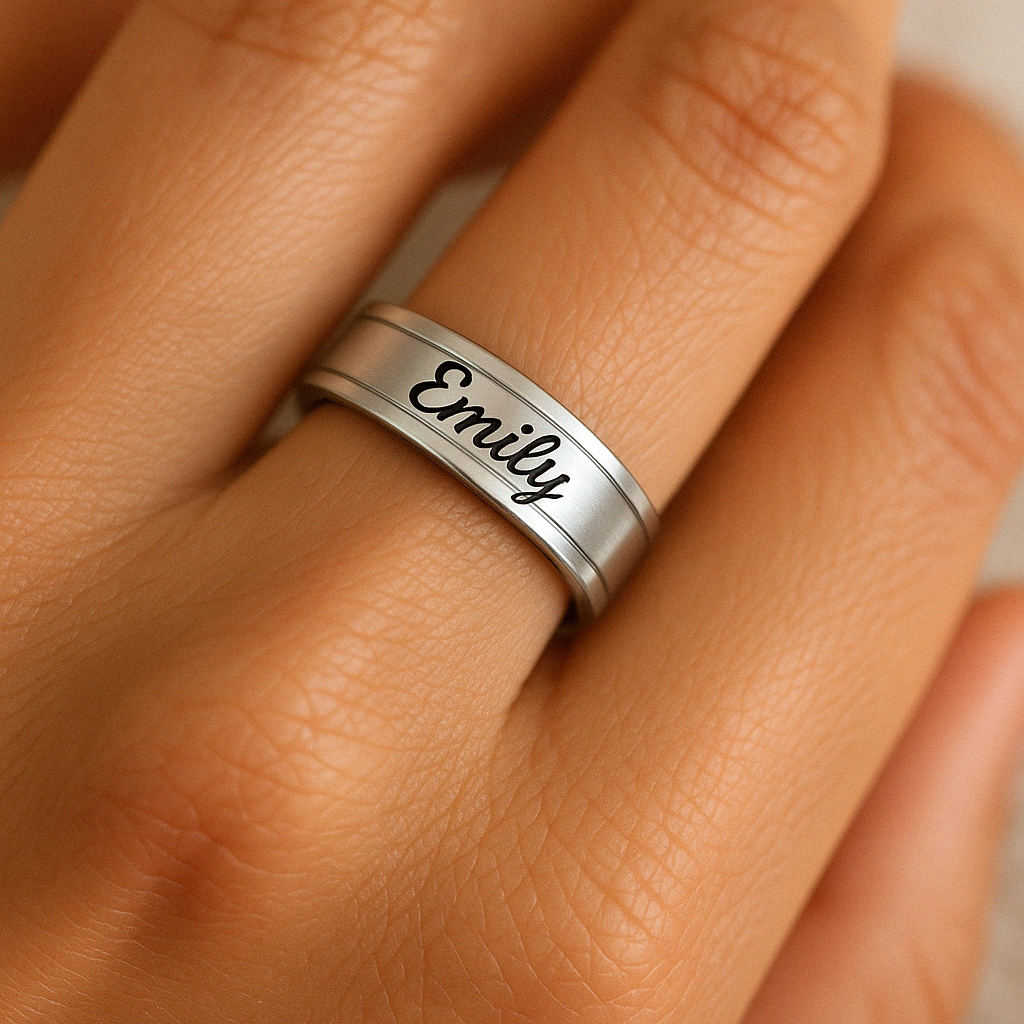 Simple Engraved Promise Ring for Couples with Names on finger