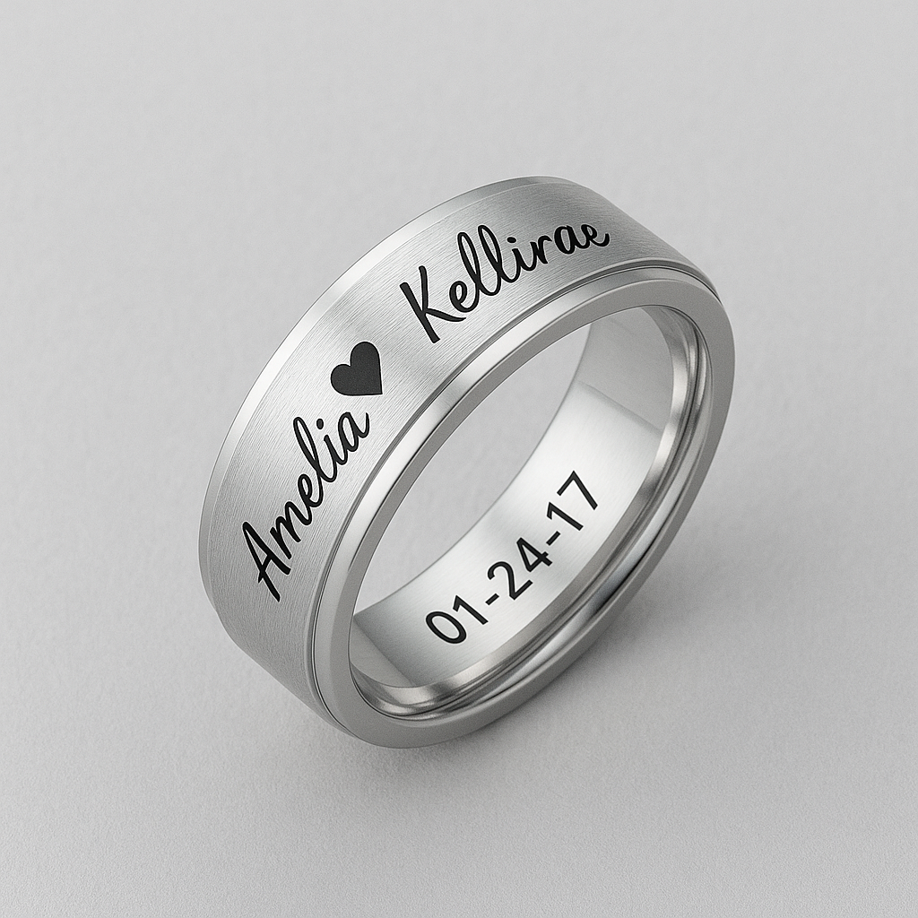 Simple Engraved Promise Rings for Couples at gray background
