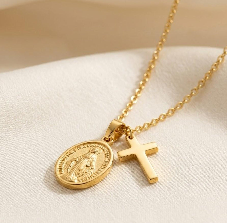 Steel Virgin Mary & Cross Charm Necklace for Mom