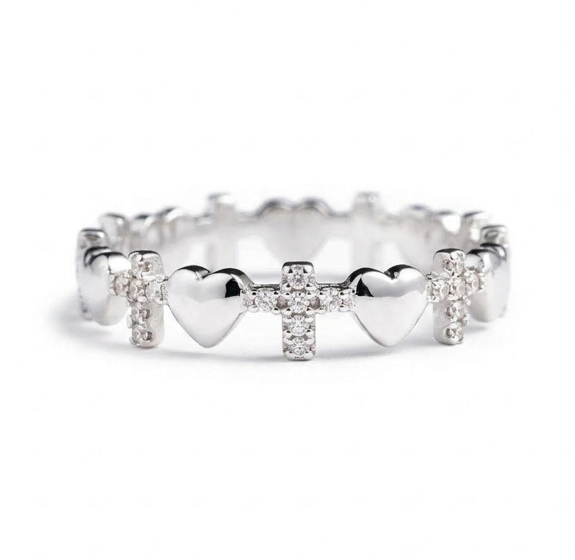 Sterling Silver Eternity Purity Ring - Hearts and Crosses Faith Ring