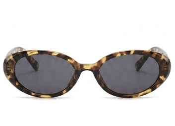Sunglasses with tortoiseshell frame and dark lenses on a white background
