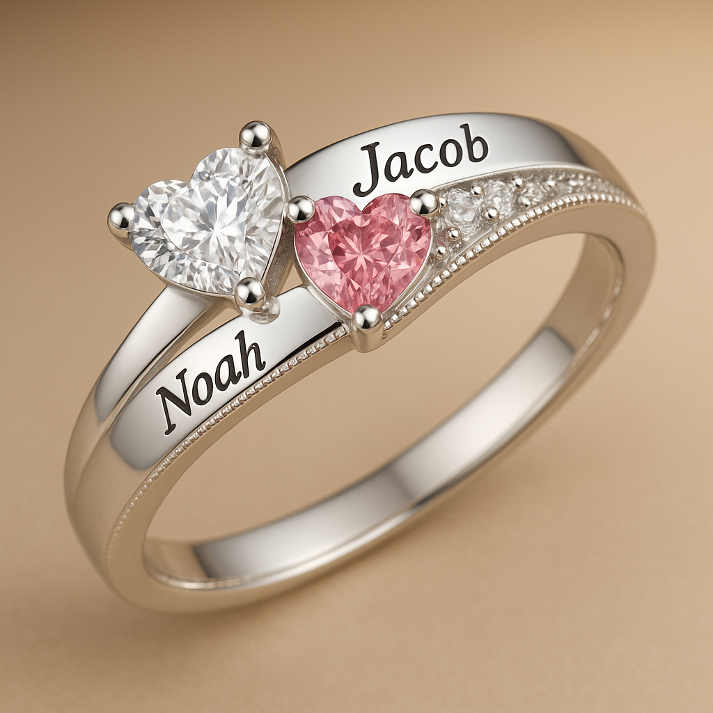 Two Stone Engraved Promise Ring with Names in silver at peach background
