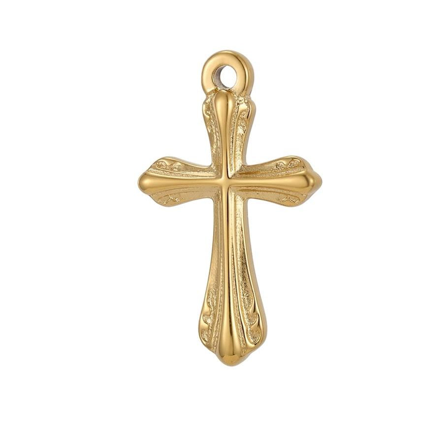 Vintage Ornate Steel Cross Necklace for Mom on a white background