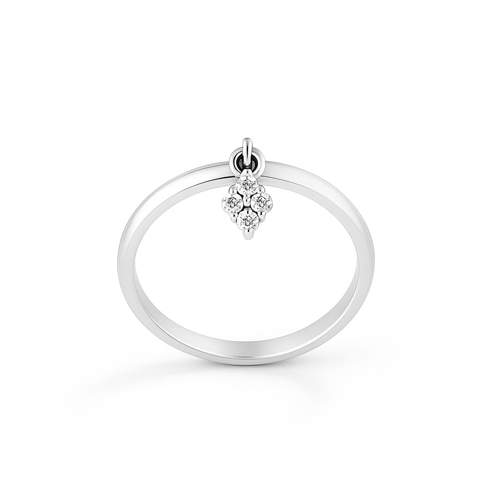 White Gold Diamond Charm Ring with a small diamond pendant on a white background