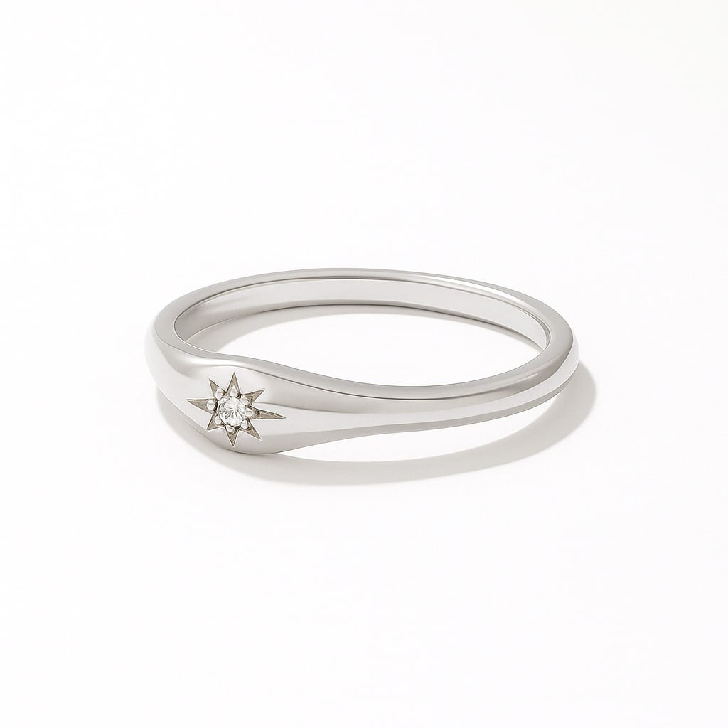 White Gold Star Engraved Diamond Ring