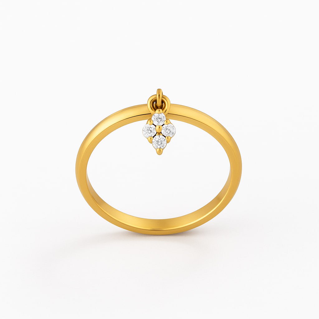 Yellow Gold Diamond Charm Ring with a diamond pendant on a white background