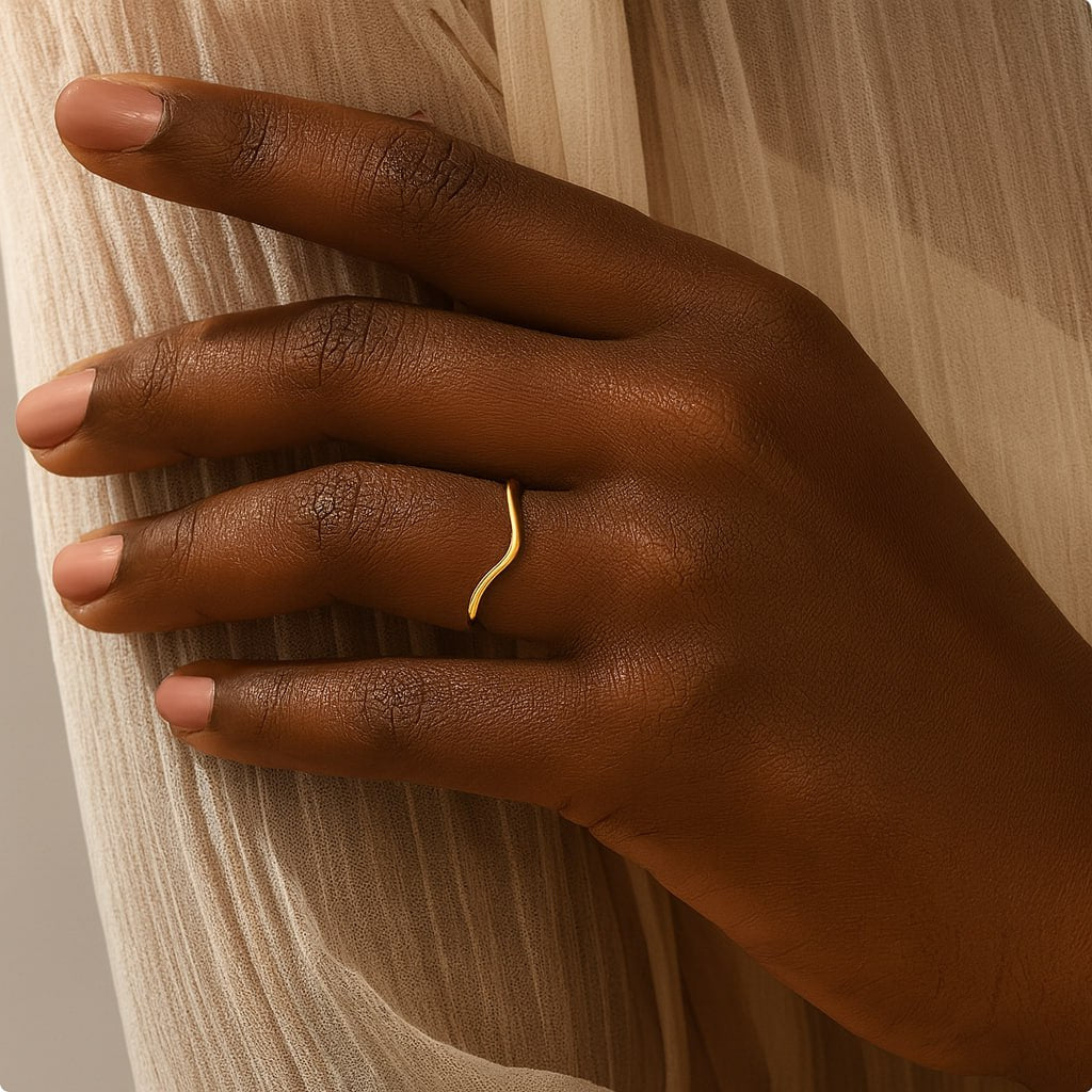 Yellow Gold Diamond Wave Ring on black model's hand