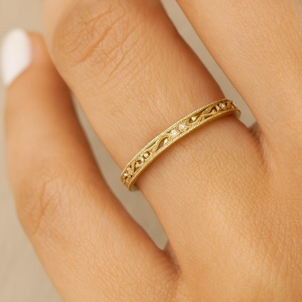 Yellow Gold Vintage Filigree Band Ring on finger