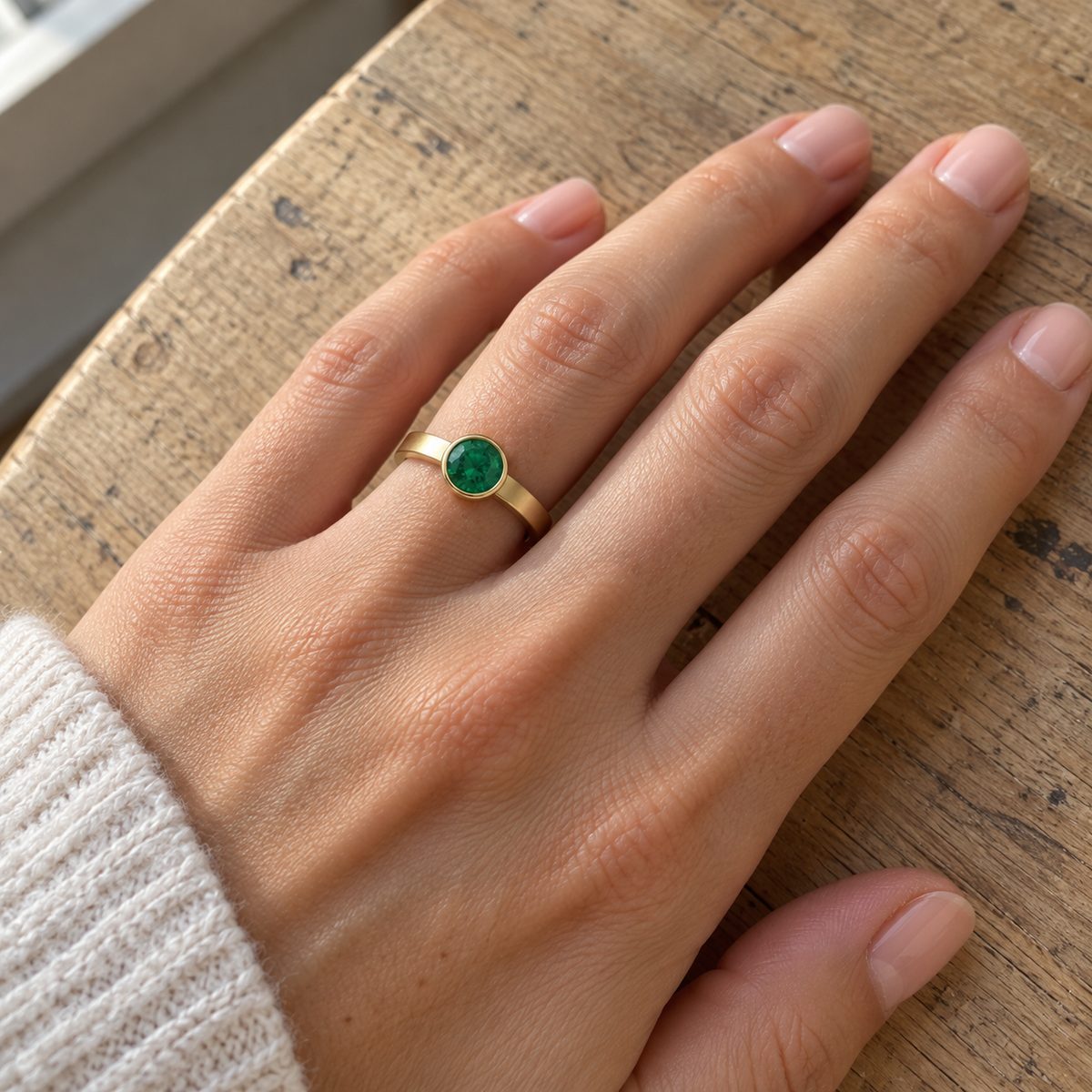 Satin yellow gold emerald ring on a woman's hand over a wooden table