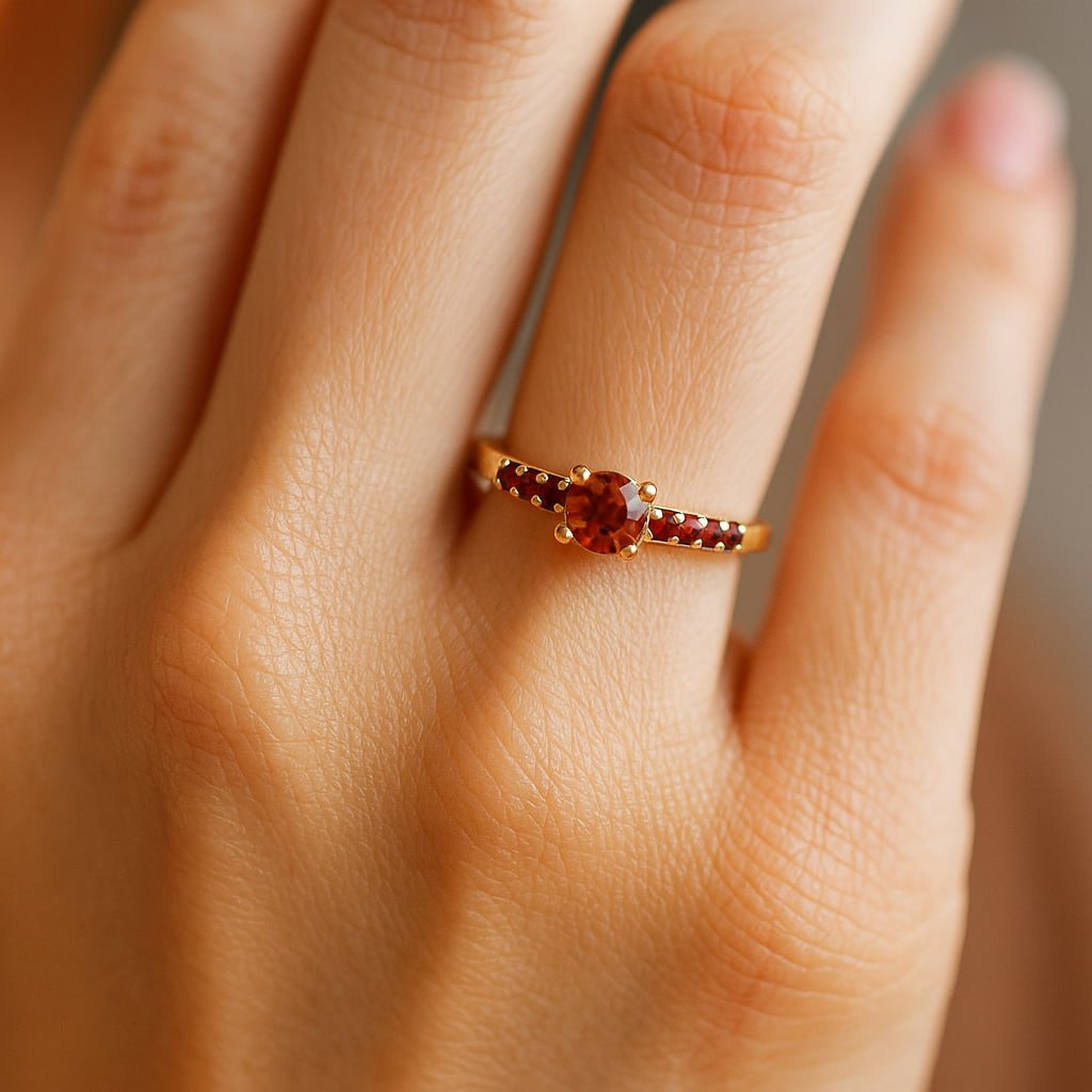 Close-up of a hand wearing a gold ring with red gemstones on a neutral background