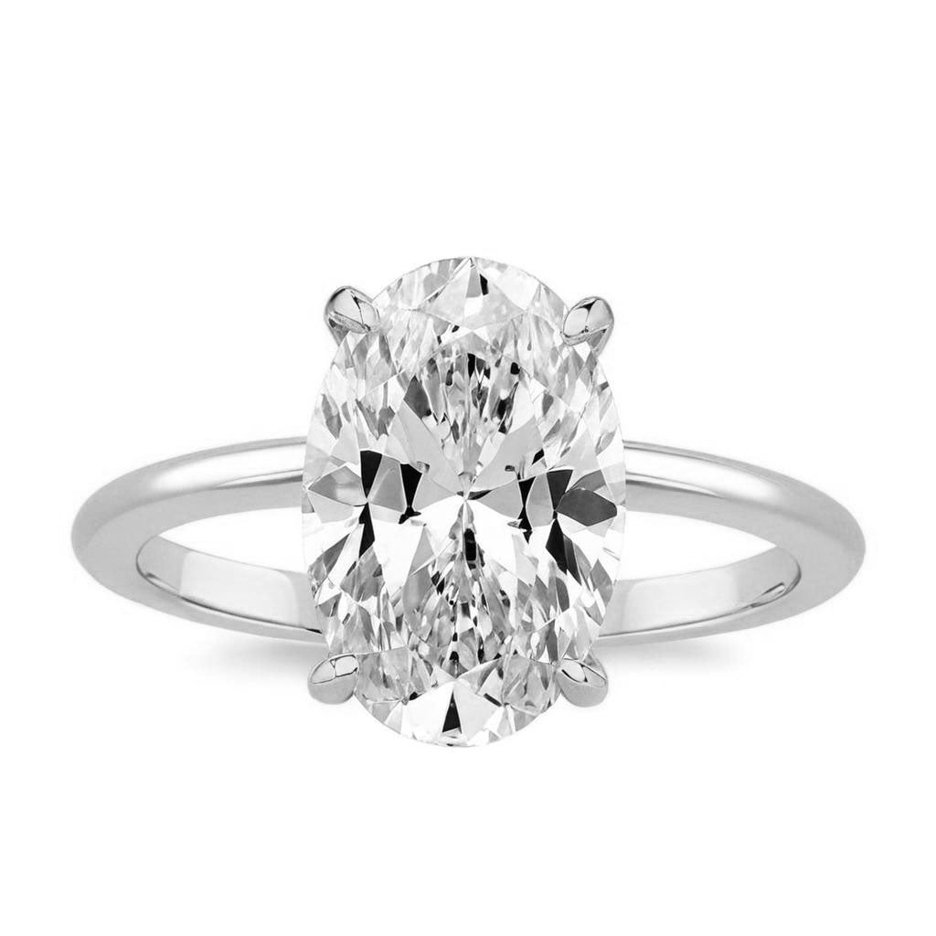 Close-up of oval moissanite engagement ring with 3.5 carat center stone and halo setting-white gold