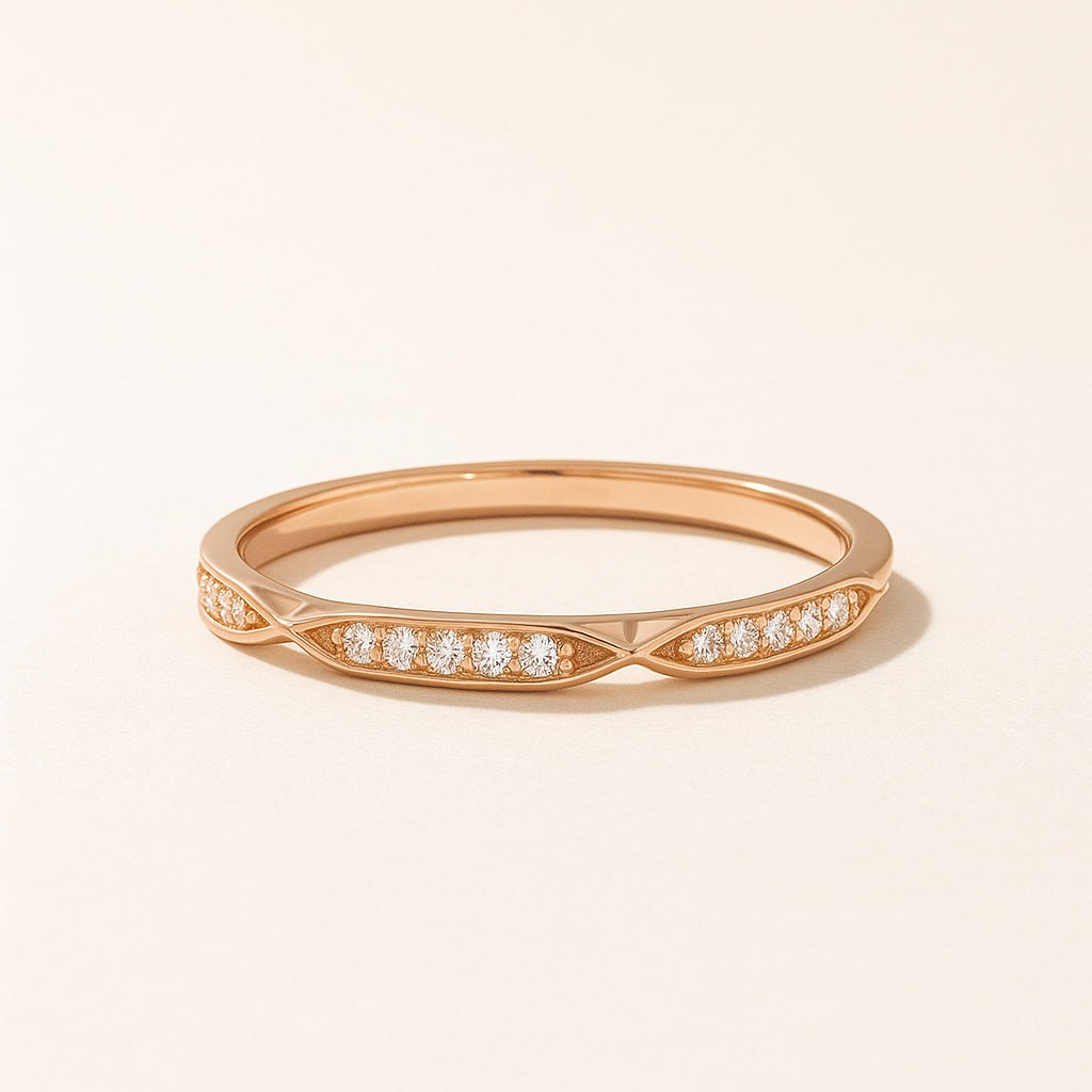 Rose Gold Eternity Classic Wedding Band with Diamonds on a beige background