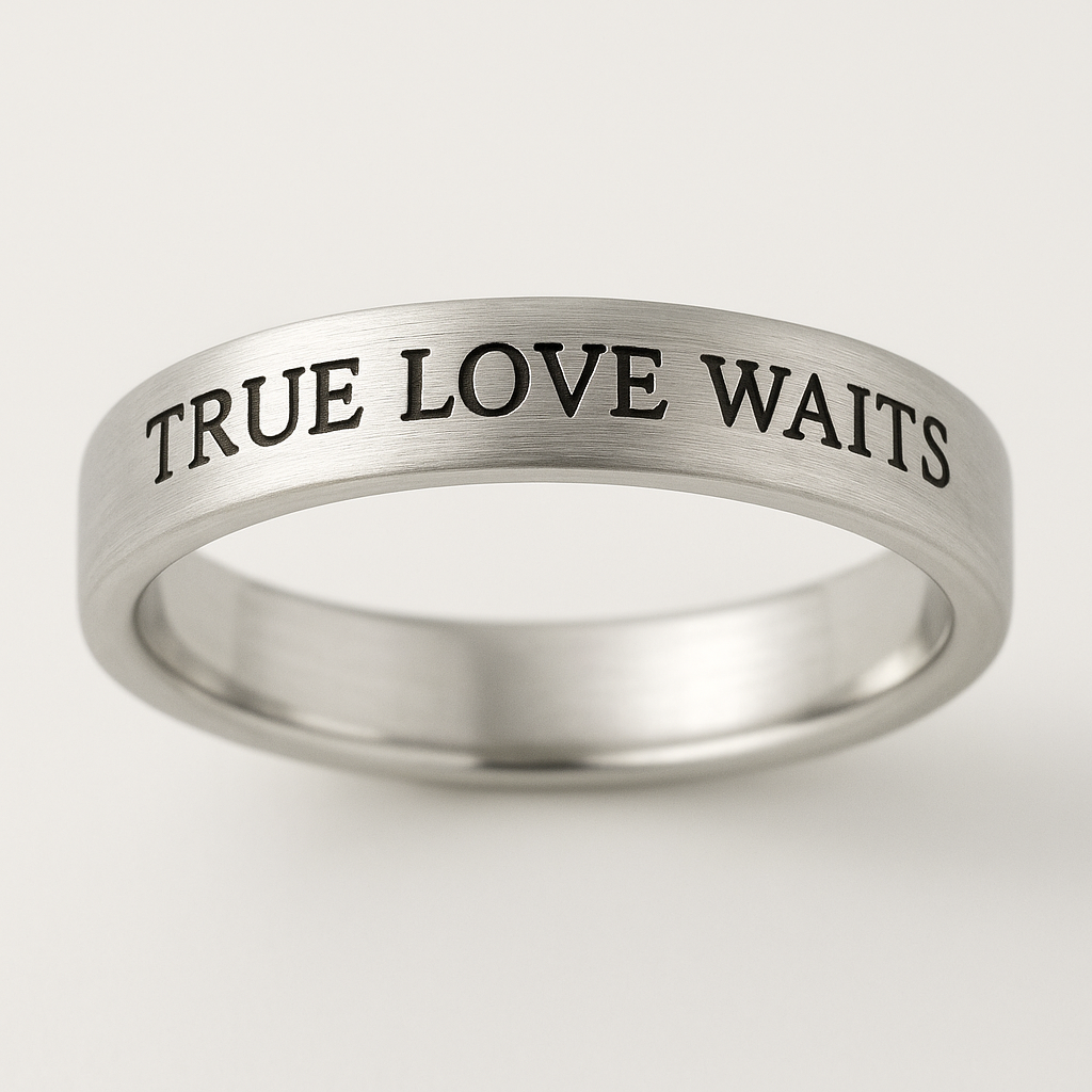 Silver ring with 'TRUE LOVE WAITS' engraving on a light gray background