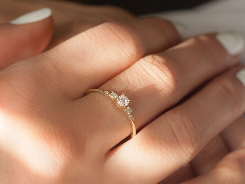 14K Solid Gold Five Diamond Promise Ring for Her-set on finger