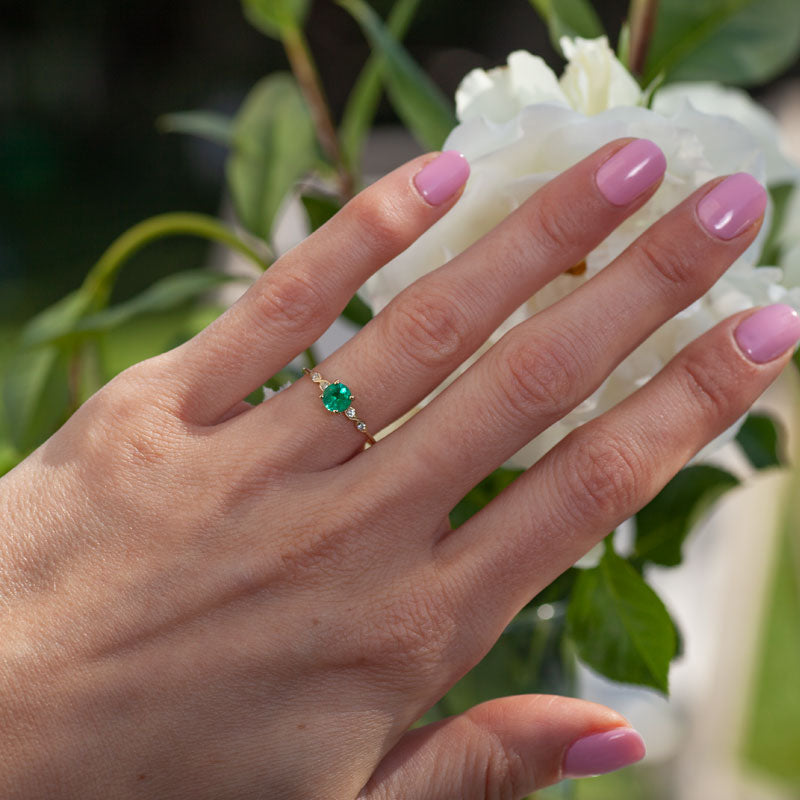 Engagement Vintage Emerald Ring with Diamonds-hand