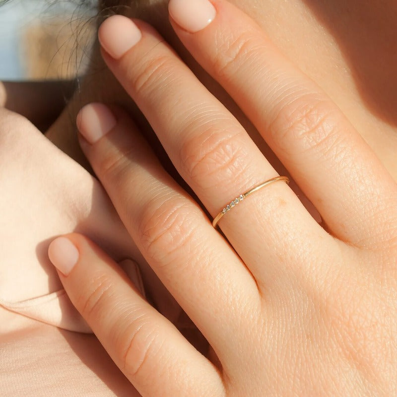 Gold Promise Ring Dainty_13KGOLD_real_diamonds_on_finger