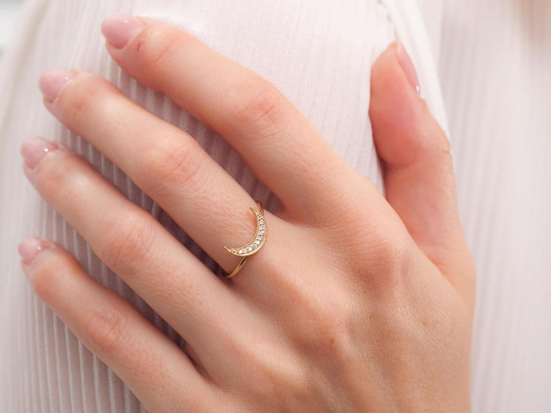 14K_Yellow_Gold_Moon Stackable Ring_on_finger