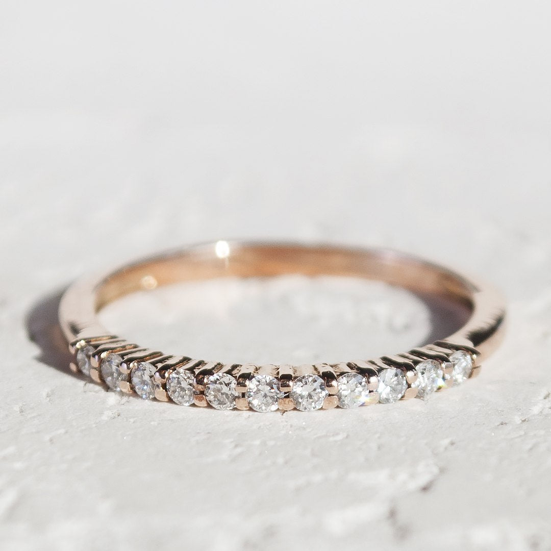 Close-up of a rose gold ring with a thin band. the band is made of rose gold and has a row of small, round diamonds embedded in it.