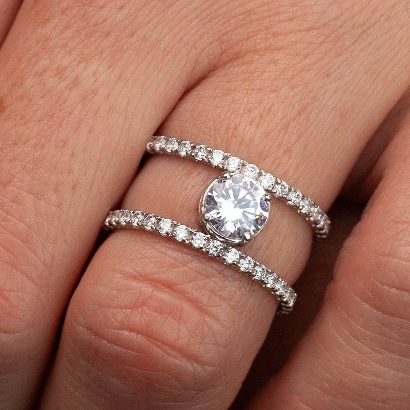 Double Band Engagement Ring with Moissanite_one2threejewelry_photo on finger