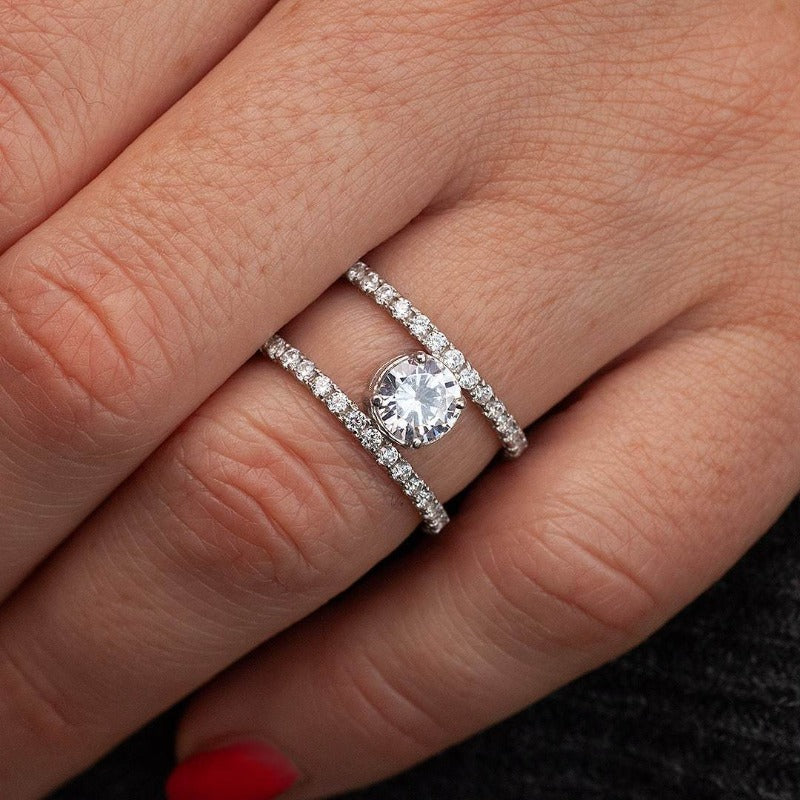 Double Band Engagement Ring with Moissanite_one2threejewelry_photo on finger1