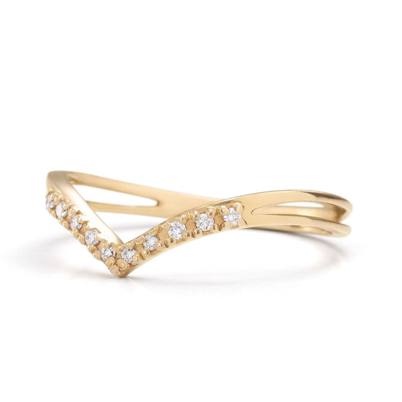 14K Gold Chevron V-Ring with diamonds 2 | one2threejewelry.com